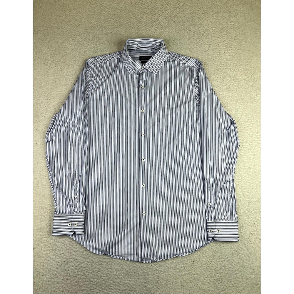 Bugatchi 8 Way Stretch Shirt Mens Large Blue Stripe OoohCotton Tech LS Button Up